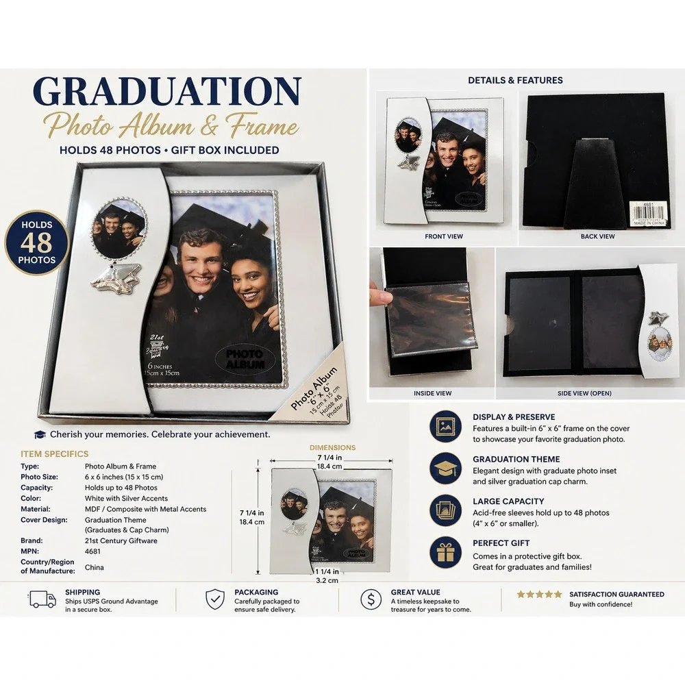 21st Century Giftware Graduation Photo Album & Frame White Silver 48 Photos 4681